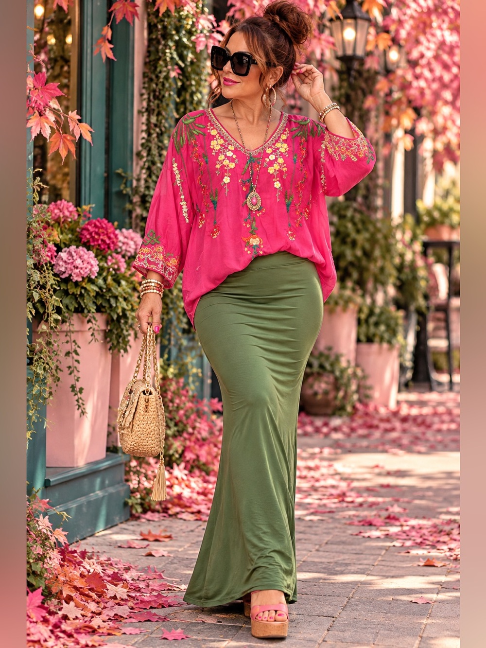 Johnny Was Pink Floral Embroidered Boho Tunic Blouse